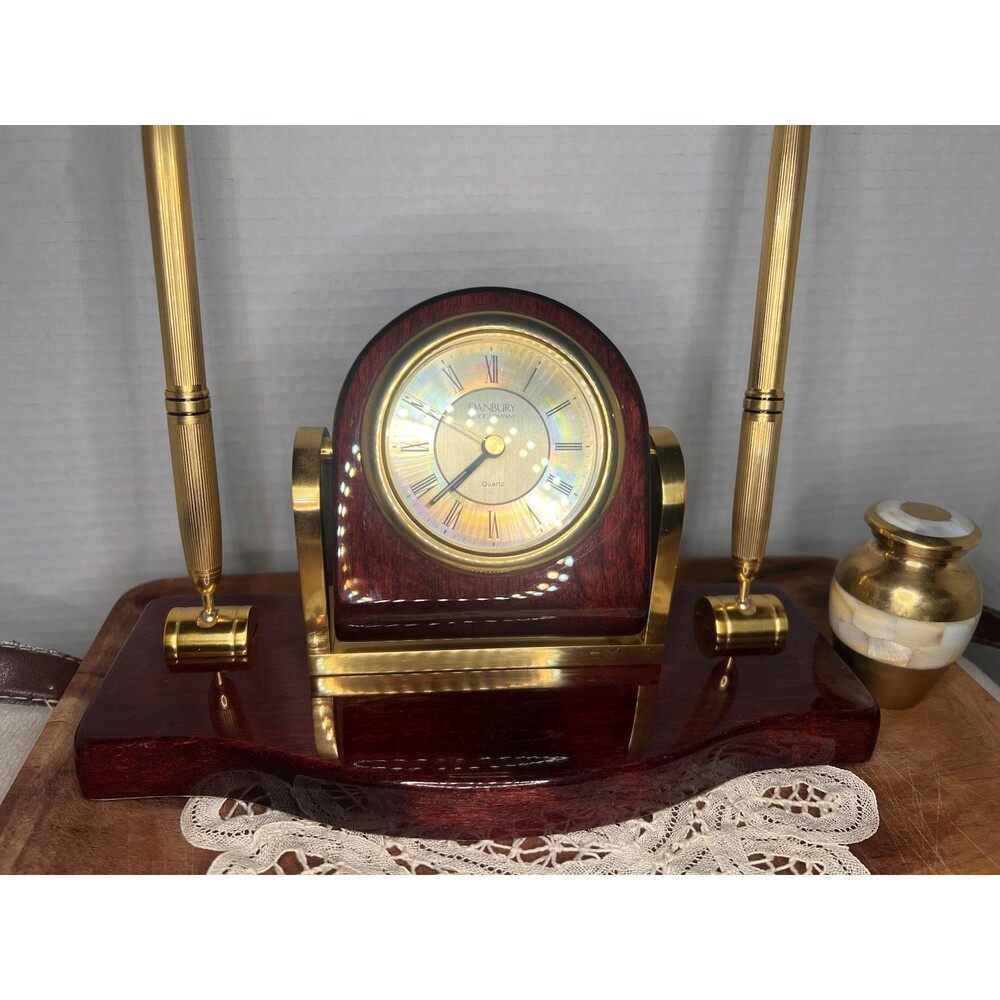 Vintage Danbury Clock Company  Rotating Desktop Pen Set Wood Brass